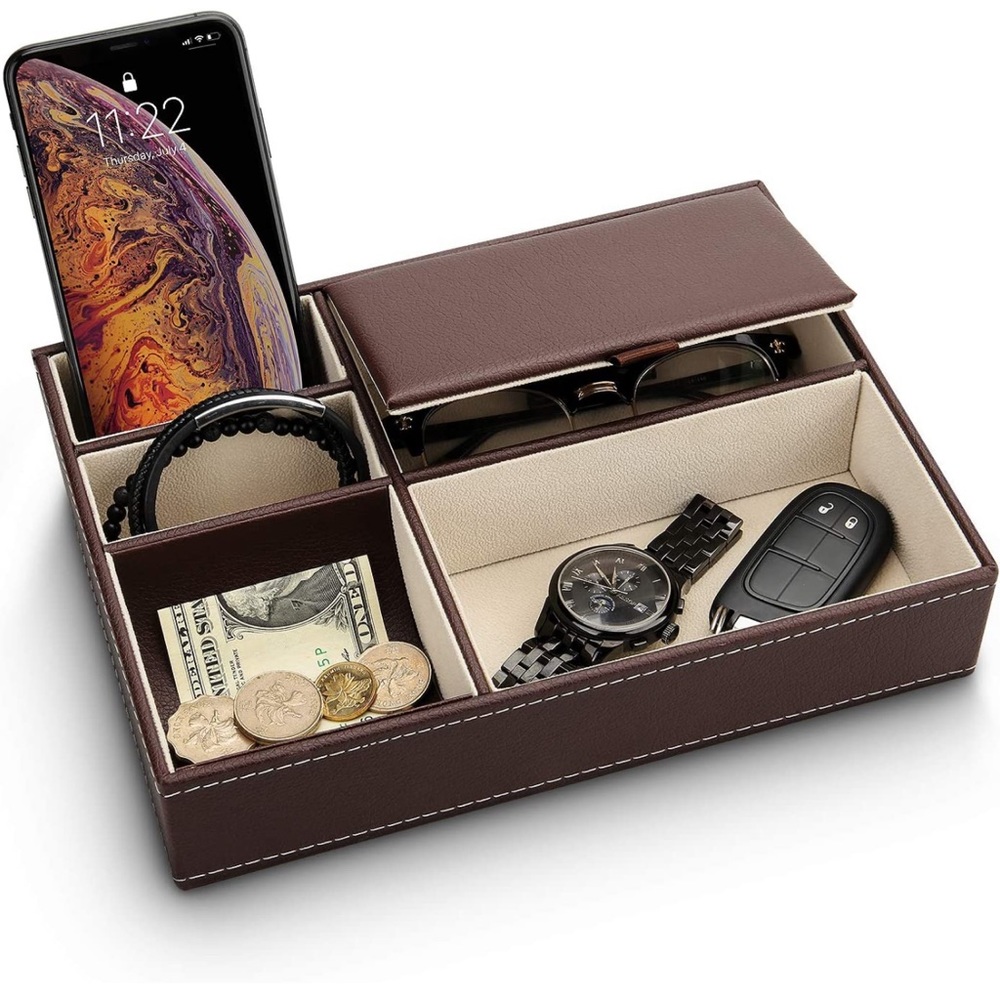 Mens Valet Tray Organizer Leather Nightstand Dresser Top Box with 5 Compartment